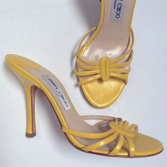 Jimmy Choo 💛 Strappy Kitten Sandal Heels in Yellow Size 7.5 Open Toe Mule Heel